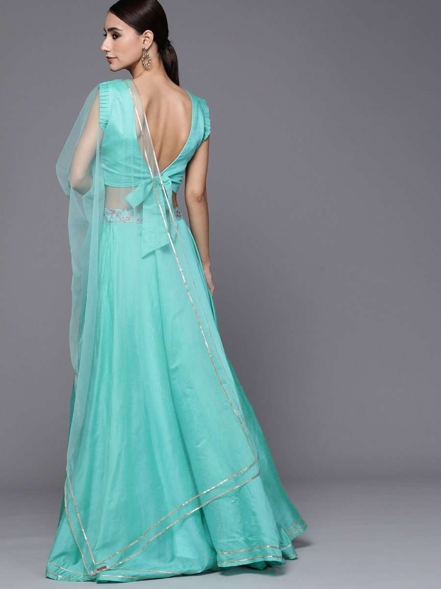 Sea Green Laced Semistitched Lehenga with Woven Blouse and Net Dupatta - inddus-us