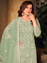 Sea Green Net Partywear Palazzo Suit - Inddus.com