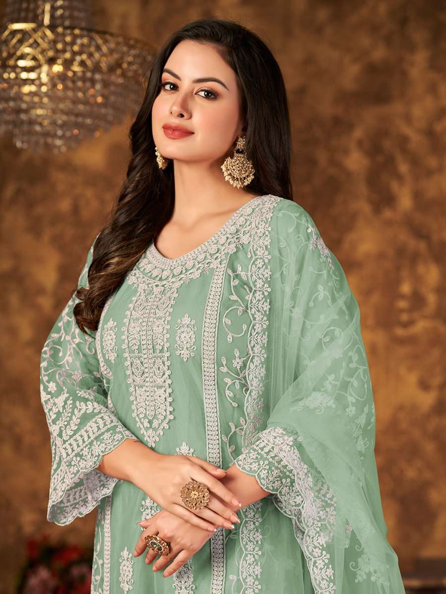 Sea Green Net Partywear Palazzo Suit - Inddus.com