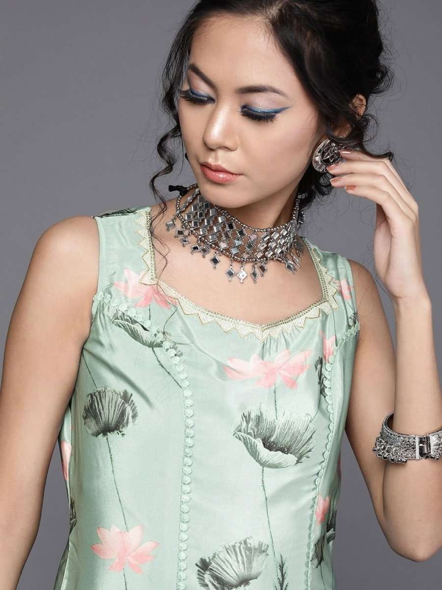 Sea Green Silk Blend Printed Sharara Suit - inddus-us
