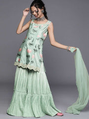 Sea Green Silk Blend Printed Sharara Suit - inddus-us