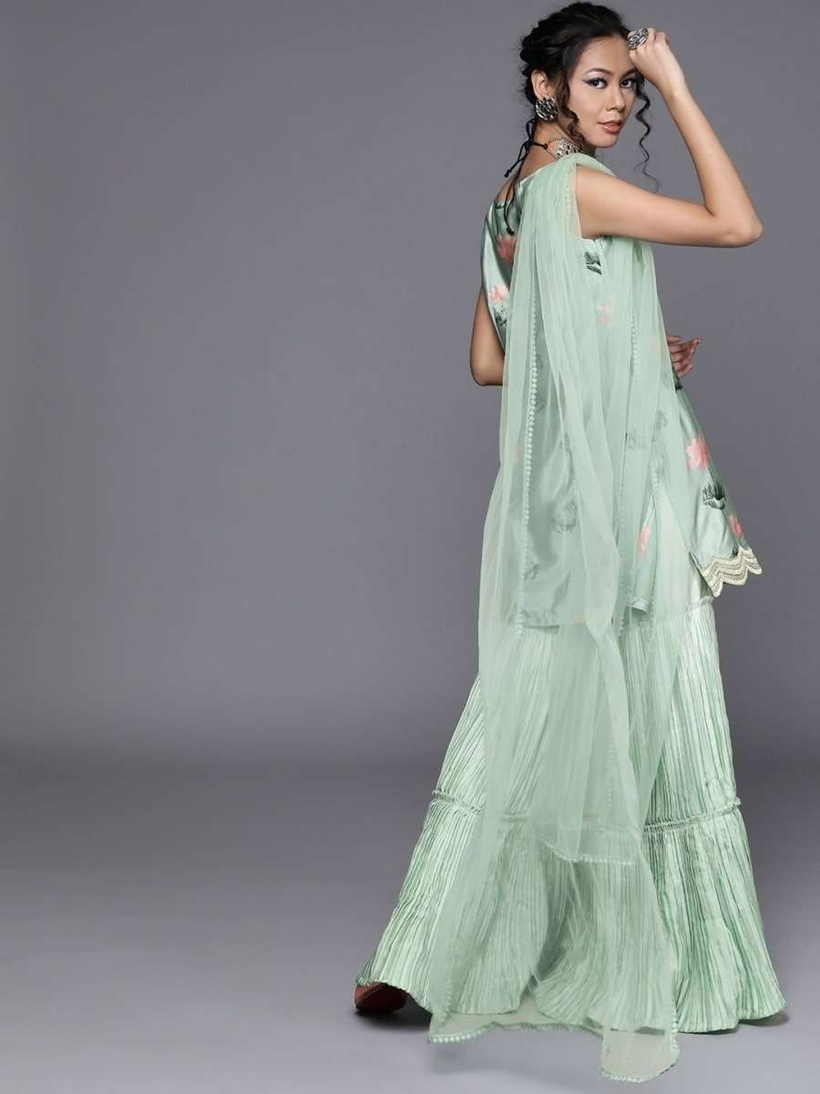 Sea Green Silk Blend Printed Sharara Suit - inddus-us