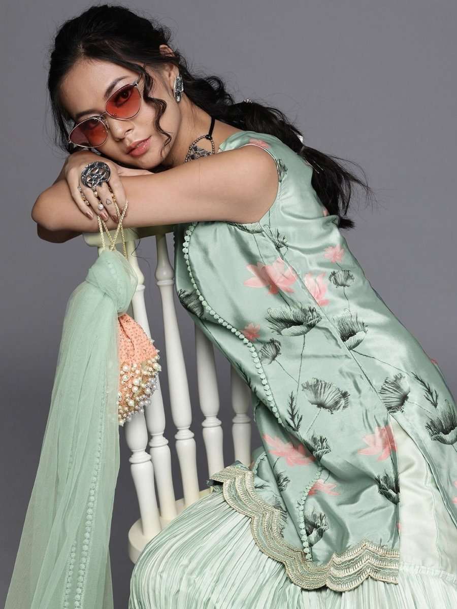 Sea Green Silk Blend Printed Sharara Suit - inddus-us
