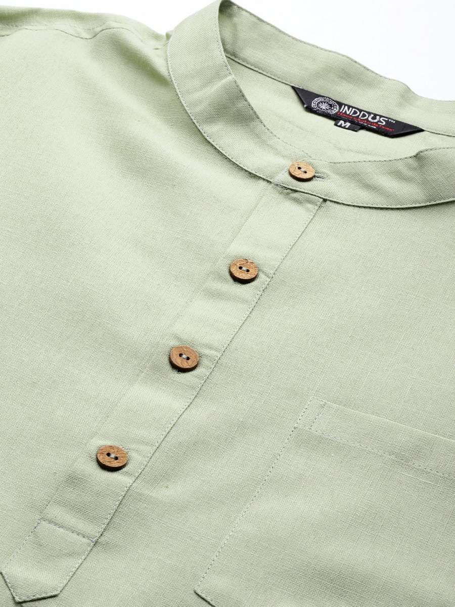 Sea Green Solid Linen Blend Kurta - Inddus.com