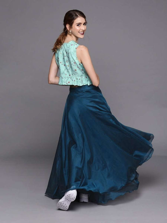 Sea Green & Teal Blue Chanderi Cotton Ready to Wear Lehenga with Blouse - inddus-us