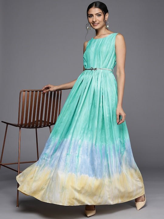 Sea Green & Turquoise Blue Colourblocked Maxi Dress - Inddus.com