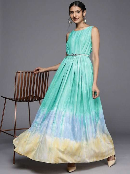 Sea Green & Turquoise Blue Colourblocked Maxi Dress - Inddus.com