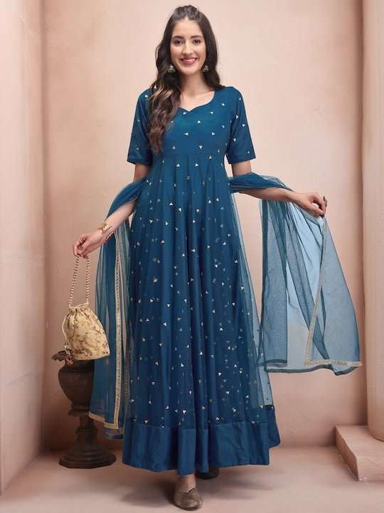 Sequin Embellished Fit & Flare Ethnic Dress With Dupatta Sequin Embellished Fit & Flare Ethnic Dress With Dupatta