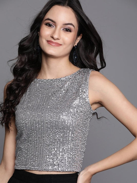 Silver Sequinned Striped Crop Top - inddus-us