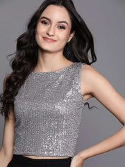Silver Sequinned Striped Crop Top - inddus-us