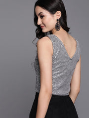 Silver Sequinned Striped Crop Top - inddus-us