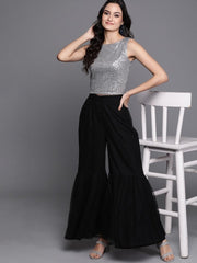 Silver Sequinned Striped Crop Top - inddus-us