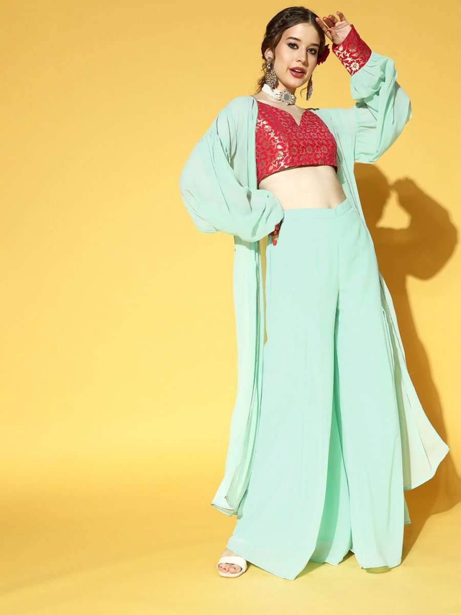 Sky Blue & Magenta Pink Brocade Co-ords Set - Inddus.com