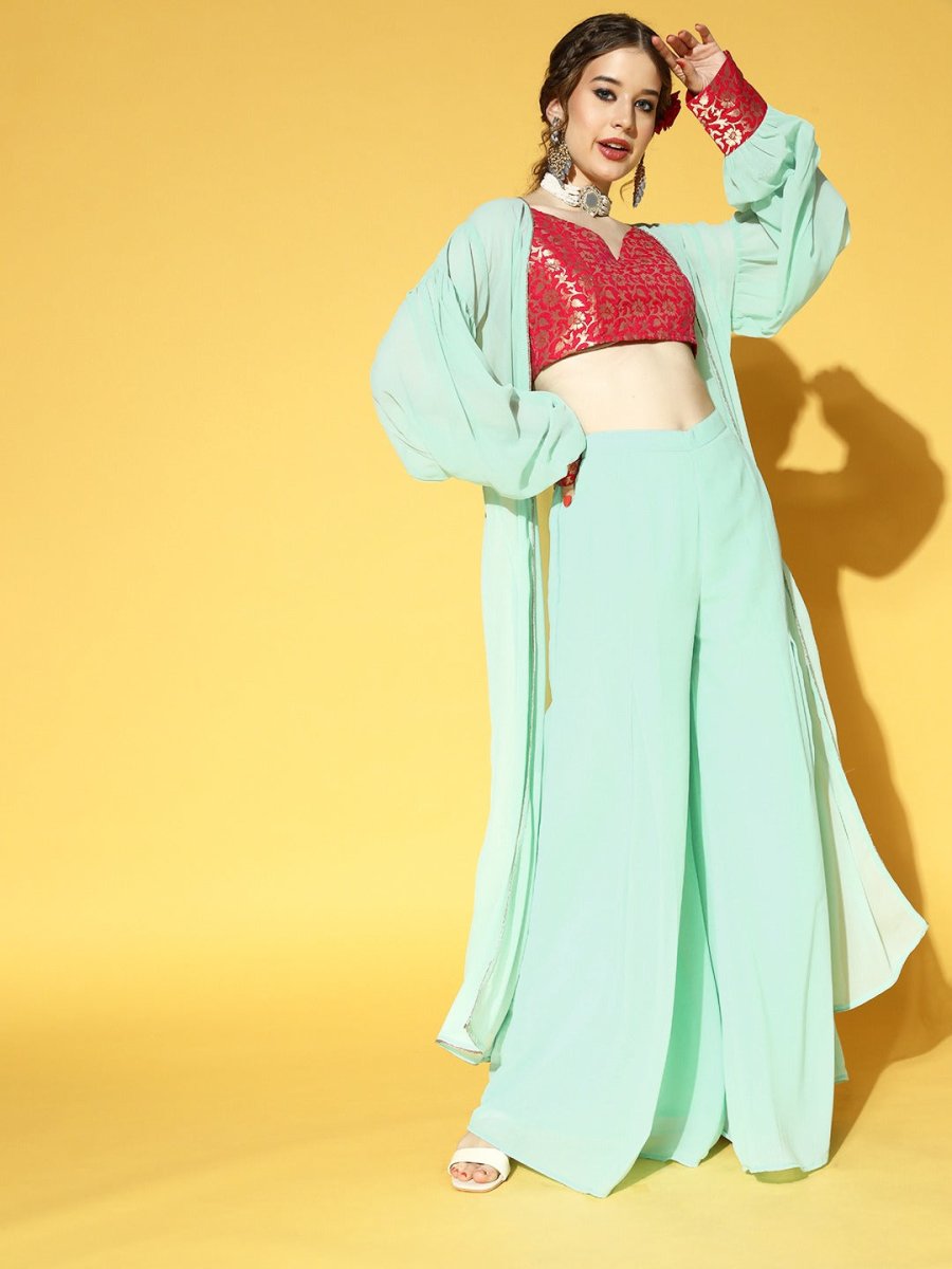 Sky Blue & Magenta Pink Brocade Co-ords Set - Inddus.com