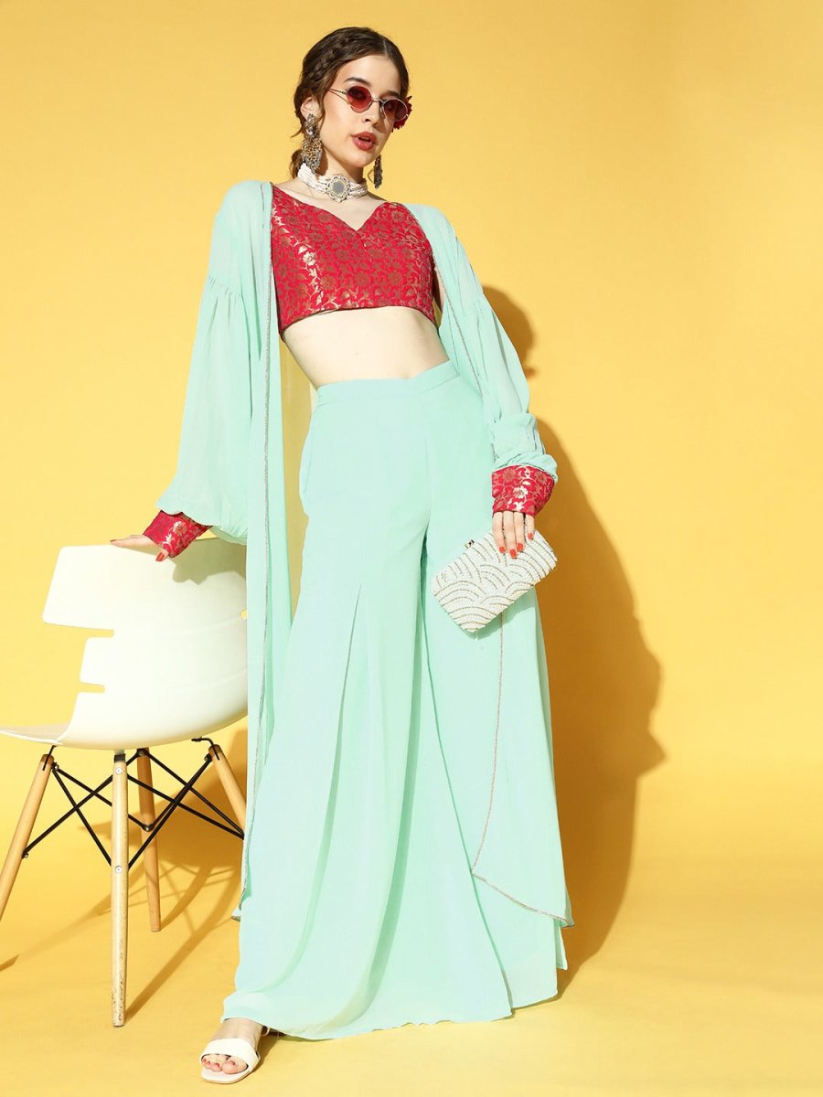 Sky Blue & Magenta Pink Brocade Co-ords Set - Inddus.com