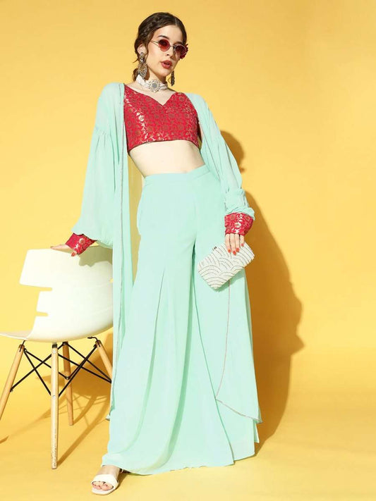 Sky Blue & Magenta Pink Brocade Co-ords Set - Inddus.com