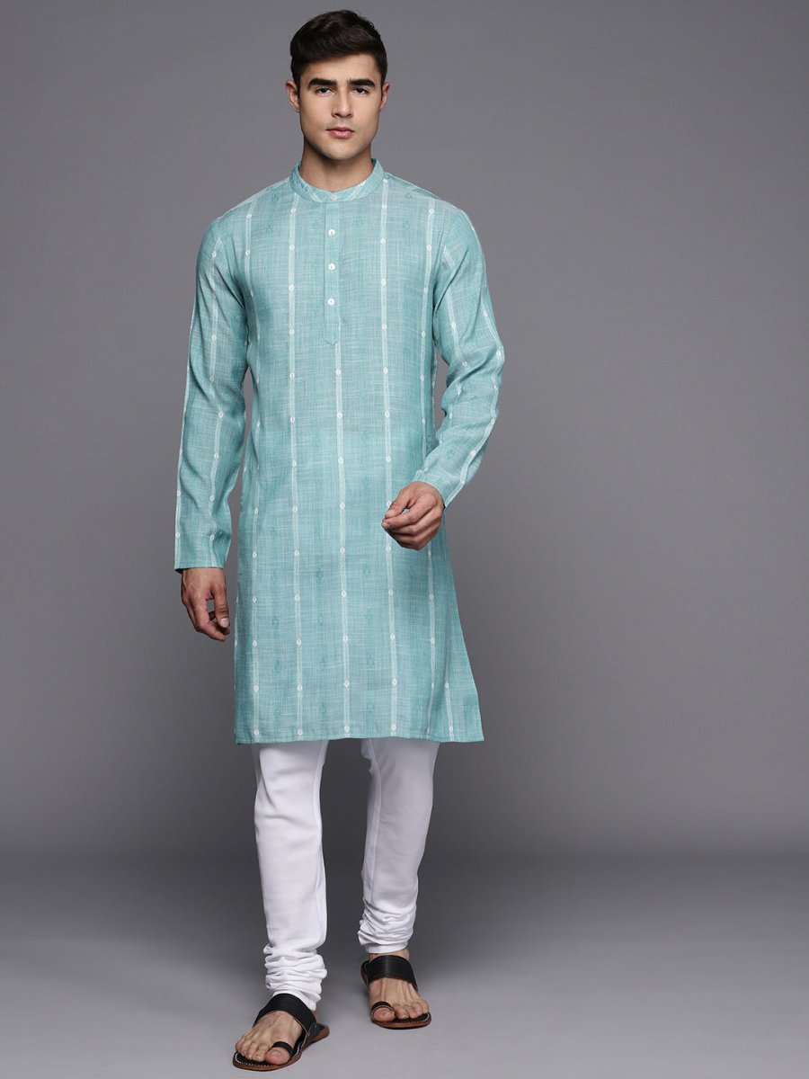Sky Blue Striped Kurta with Churidar - Inddus.com