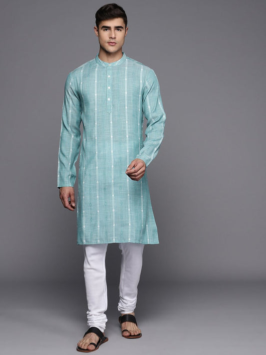 Sky Blue Striped Kurta with Churidar - Inddus.com