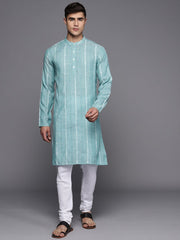 Sky Blue Striped Kurta with Churidar - Inddus.com