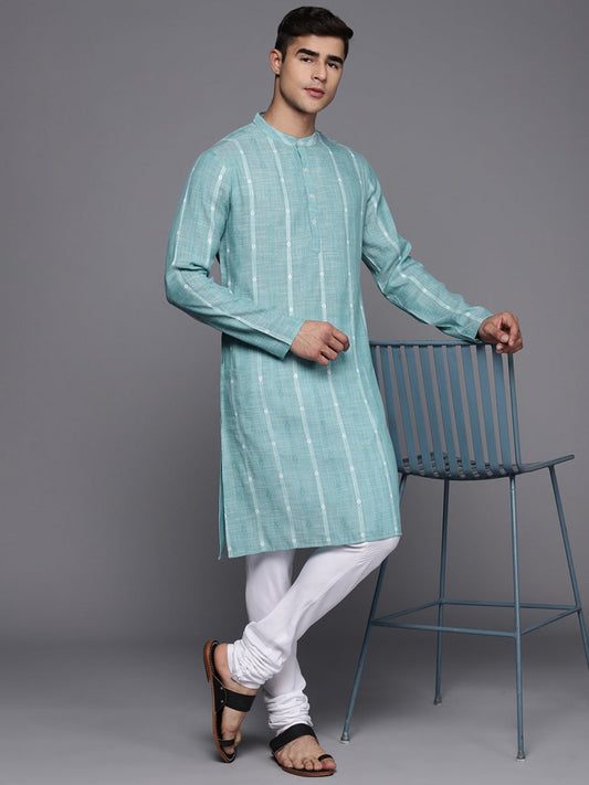 Sky Blue Striped Kurta with Churidar - Inddus.com