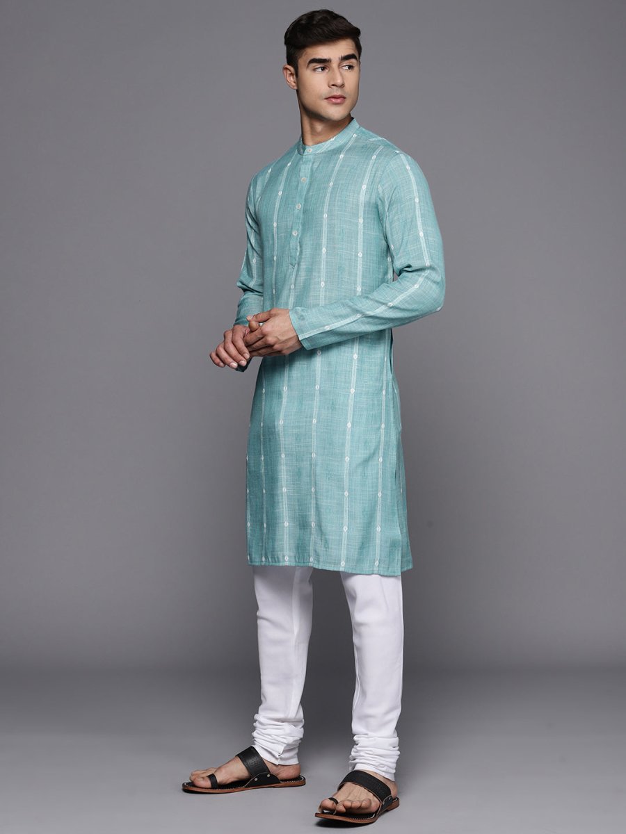 Sky Blue Striped Kurta with Churidar - Inddus.com