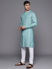 Sky Blue Striped Kurta with Churidar - Inddus.com