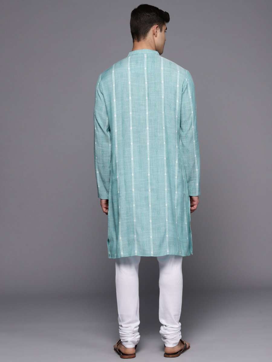 Sky Blue Striped Kurta with Churidar - Inddus.com