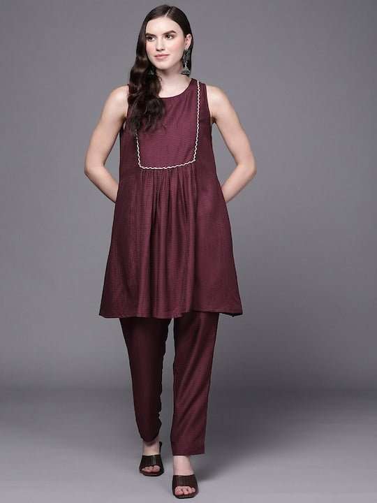 Sleeveless Pleated A-Line Kurta with Trousers - Inddus.com