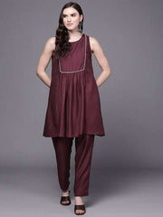Sleeveless Pleated A-Line Kurta with Trousers - Inddus.com