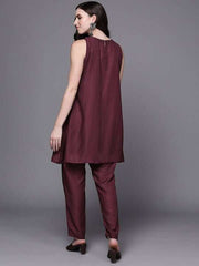 Sleeveless Pleated A-Line Kurta with Trousers - Inddus.com