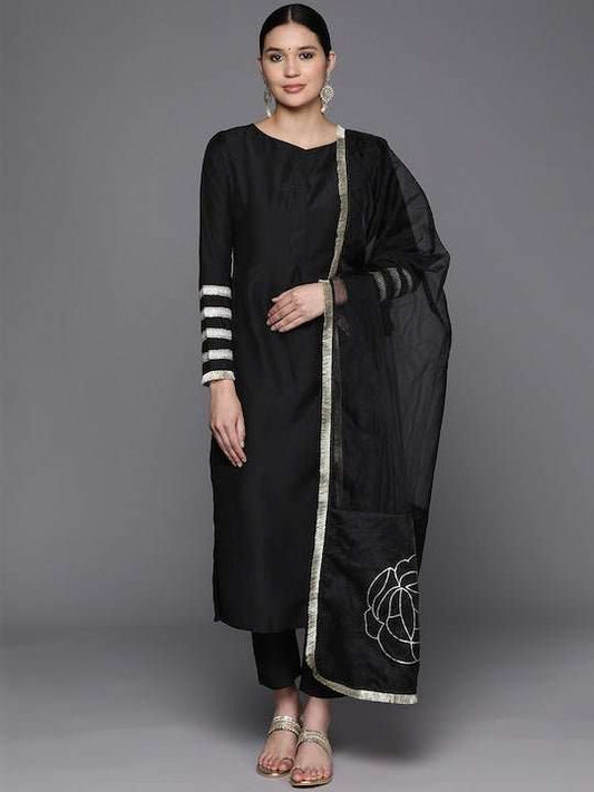 Solid Lace Detailing Kurta with Trouser and Dupatta - Inddus.com
