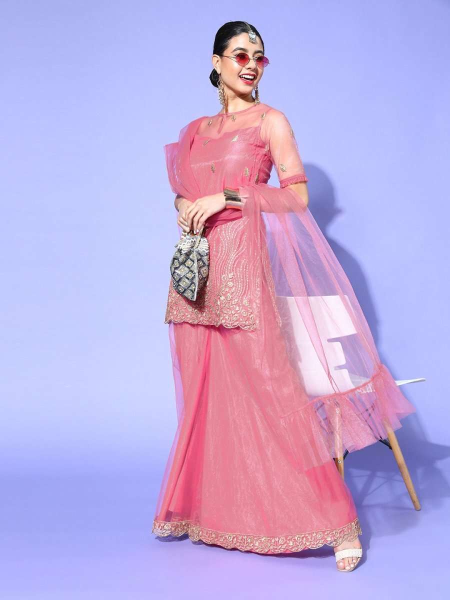 Solid Net Scalloped Edge Kurta Set - Inddus.com