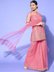 Solid Net Scalloped Edge Kurta Set - Inddus.com