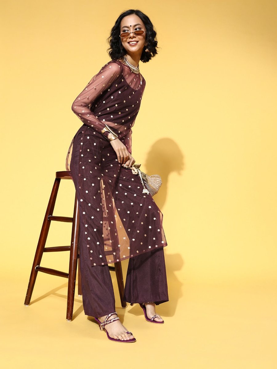 Solid Net Sheer Kurta Set - Inddus.com