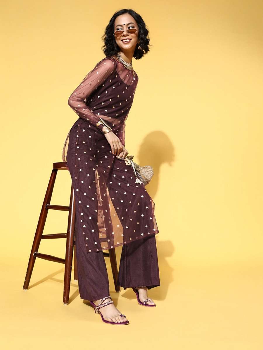 Solid Net Sheer Kurta Set - Inddus.com