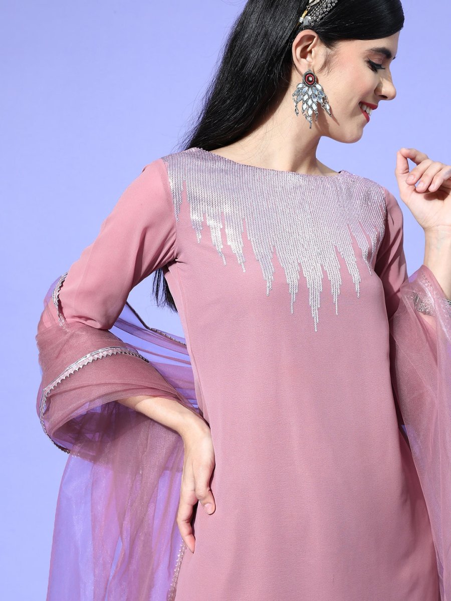 Solid Poly-Georgette Scalloped Edge Kurta Set - Inddus.com