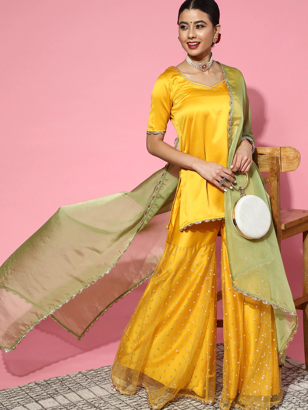Solid Satin Scalloped Edge Kurta Set - Inddus.com