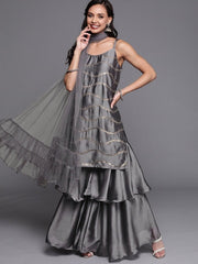 Steel Grey Embroidered Kurta with Sharara and Dupatta - Inddus.com