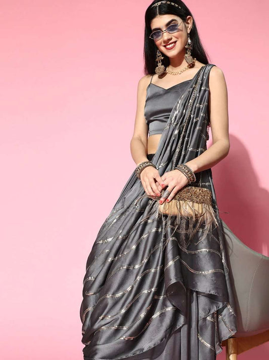 Steel Grey Palazzo Saree with Blouse Piece - Inddus.com