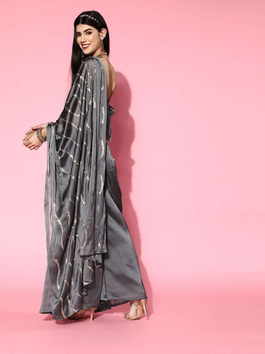 Steel Grey Palazzo Saree with Blouse Piece - Inddus.com
