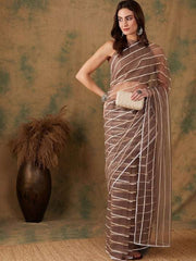 Striped Embellished Sequinned Net Saree