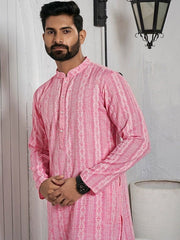 Striped Mandarin Collar Cotton Straight Kurta - Inddus.com