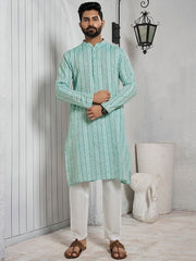 Striped Mandarin Collar Cotton Straight Kurta - Inddus.com