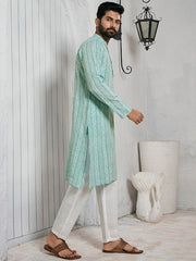 Striped Mandarin Collar Cotton Straight Kurta - Inddus.com