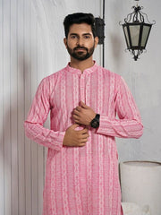 Striped Mandarin Collar Cotton Straight Kurta - Inddus.com