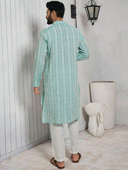 Striped Mandarin Collar Cotton Straight Kurta - Inddus.com