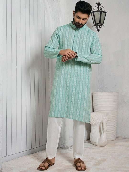 Striped Mandarin Collar Cotton Straight Kurta - Inddus.com