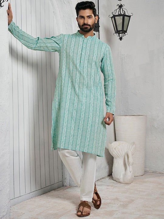 Striped Mandarin Collar Cotton Straight Kurta - Inddus.com