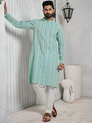 Striped Mandarin Collar Cotton Straight Kurta - Inddus.com