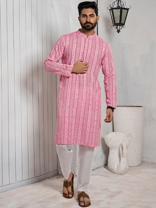 Striped Mandarin Collar Cotton Straight Kurta - Inddus.com